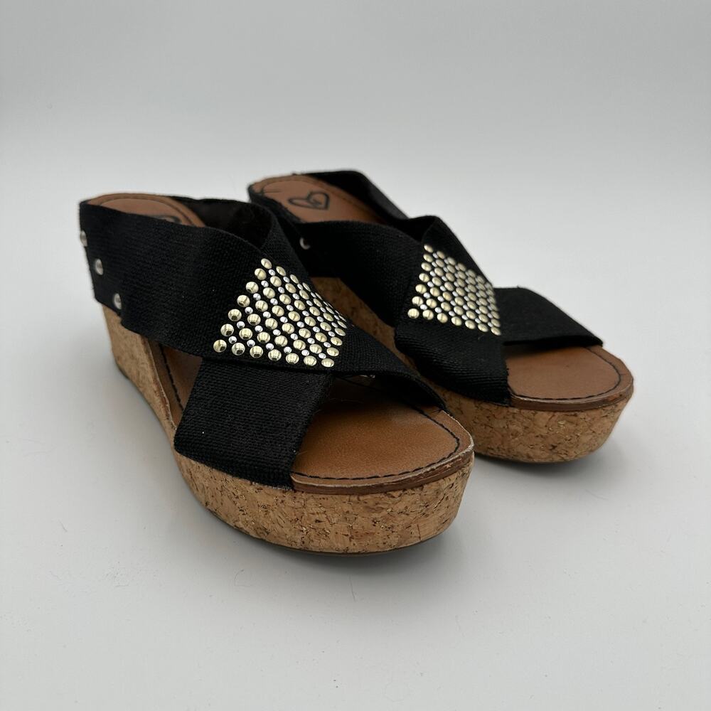 Madeline Cork Wedge Heel Sandal Black Stretch Fabric Gold Studs Women US Size 9
